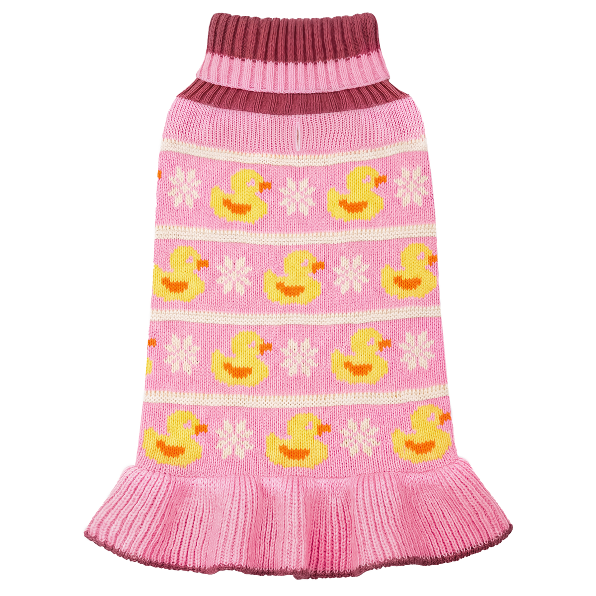 Cutout front view of pink knit dog dress with yellow ducks and flared ribbed hem