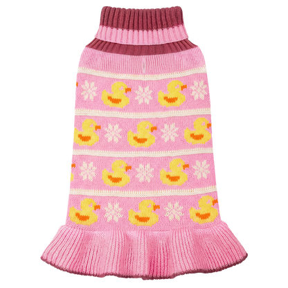 Cutout front view of pink knit dog dress with yellow ducks and flared ribbed hem