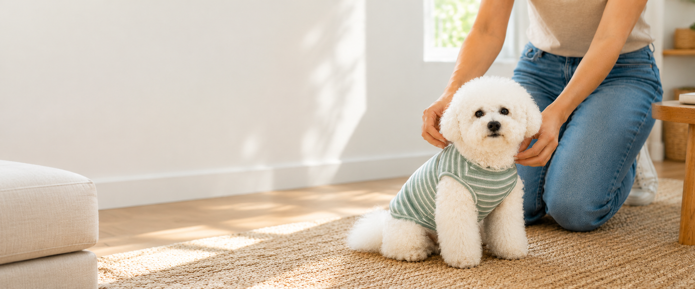 A white dog wearing a green striped shirt while its owner adjusts the clothes in a light living room